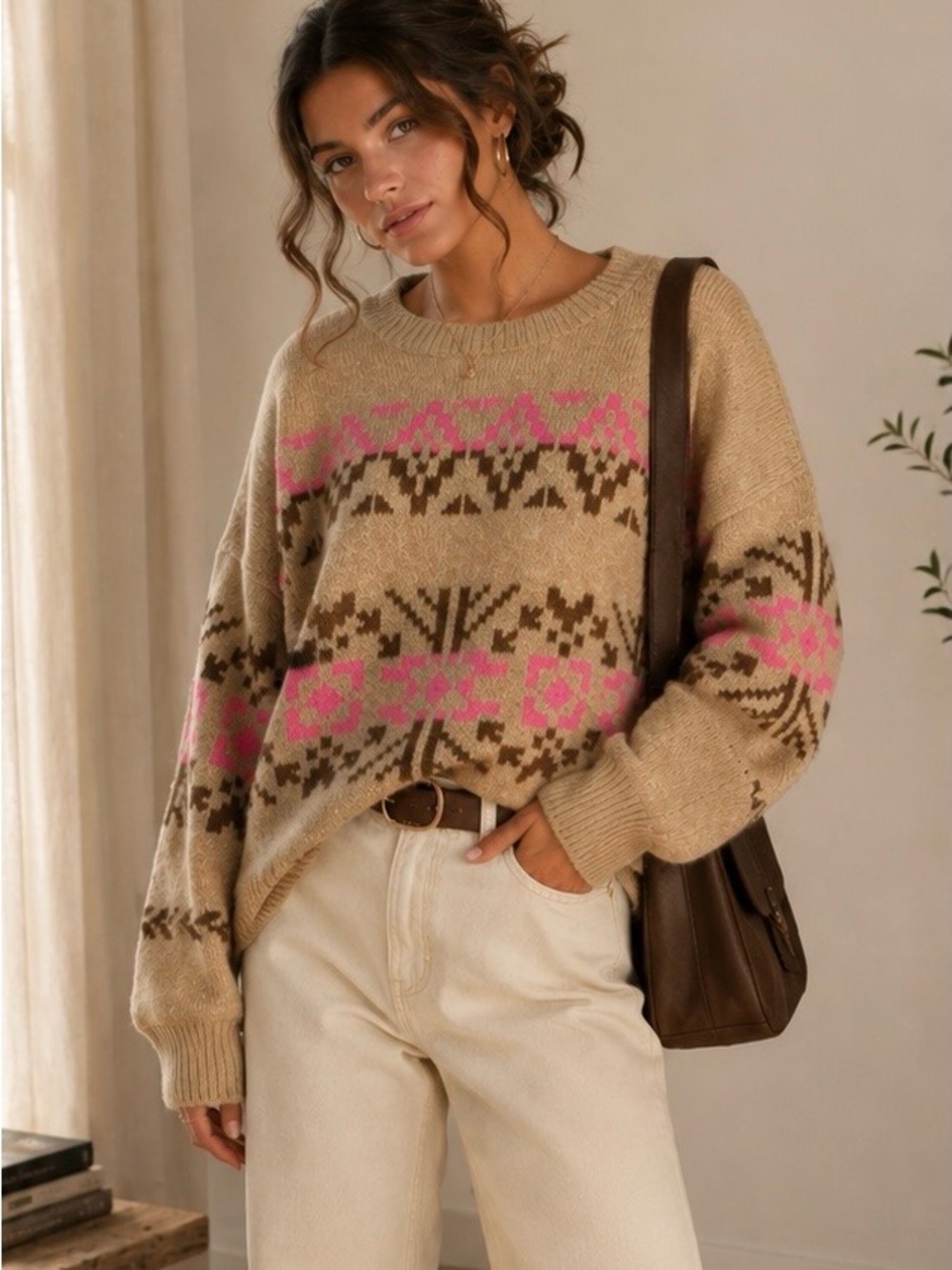 Lucky Brand Fair Isle Sweater Pink Beige Western Boho Knit Women’s